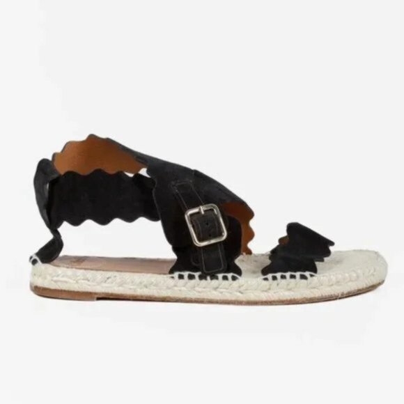 Chloé Lauren Scalloped Black Suede Espadrille Sandals - Picture 1 of 10
